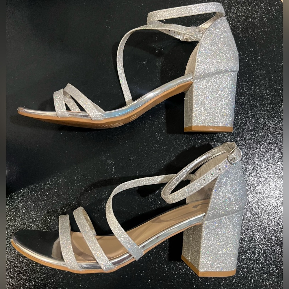 Silver Glitter Block Heel Sandals